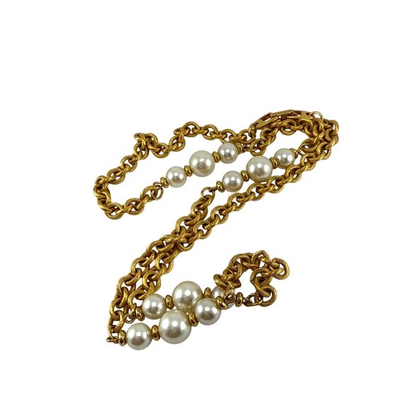 Vintage Napier Gold Tone Rope Chain Necklace with Faux Pearls 1980s Signed - Picture 4 of 8